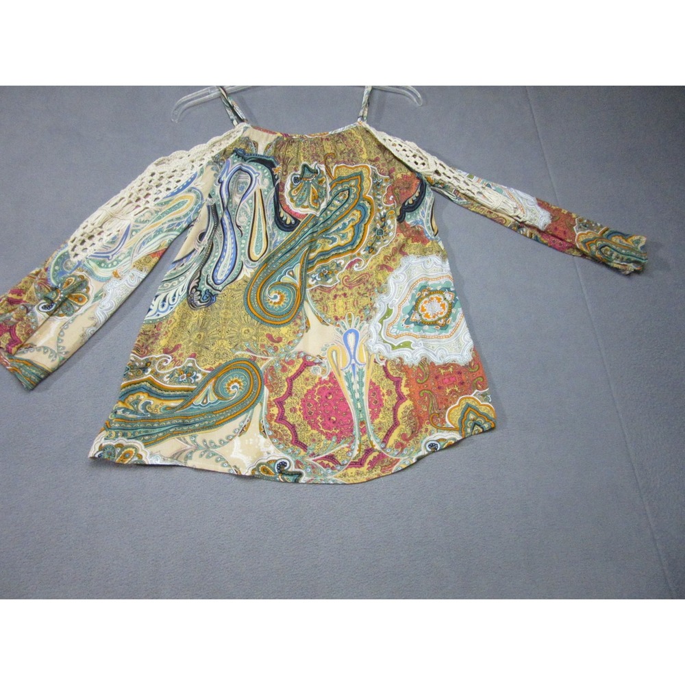 Umgee Top Womens Small Multi Paisley Cold Shoulder Crochet Trim Bell Sleeve Boho - Picture 11 of 14